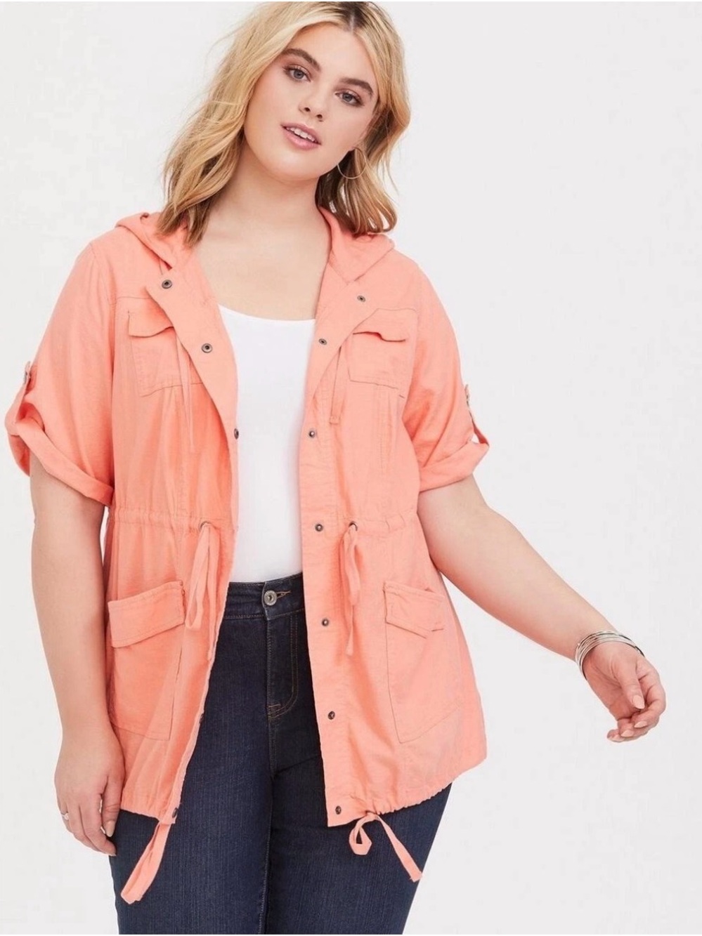 TORRID Linen Anorak Utility Jacket Hooded 2X Coral Tab Sleeve Cargo Casual